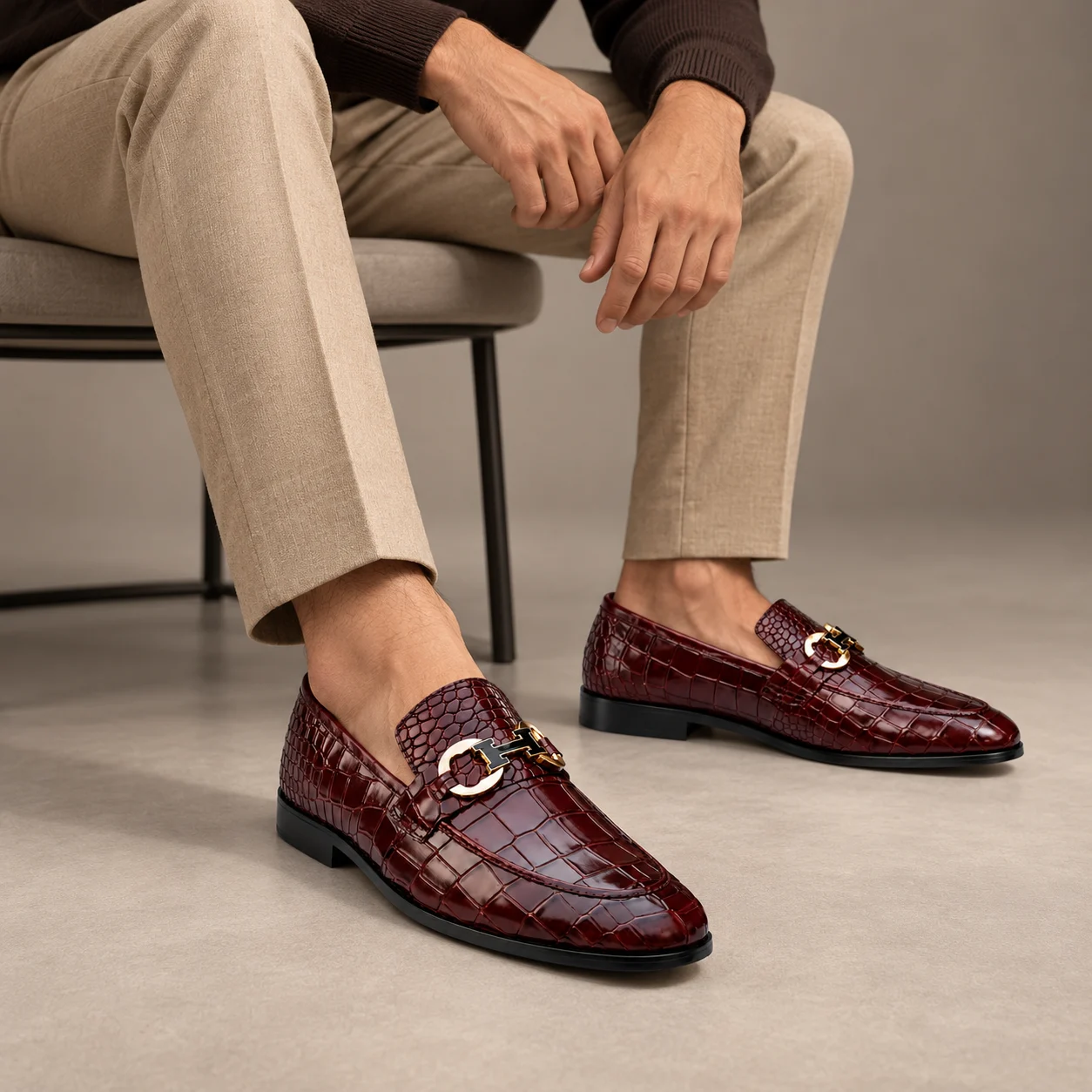 Men's Burgundy Croc-Embossed Leather Bit Loafers | Pelle Sole
